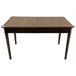 Regency design mahogany extending dining table, rectangular top with extending canted corners, pull-out action with additional leaf (84cm x 136cm - 182cm, H76cm); set of eight Regency design mahogany dining chairs with rope twist rails