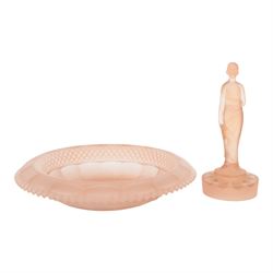 Walther & Sohne Art Deco pink glass float bowl, with central frog in the form of a lady, H23cm