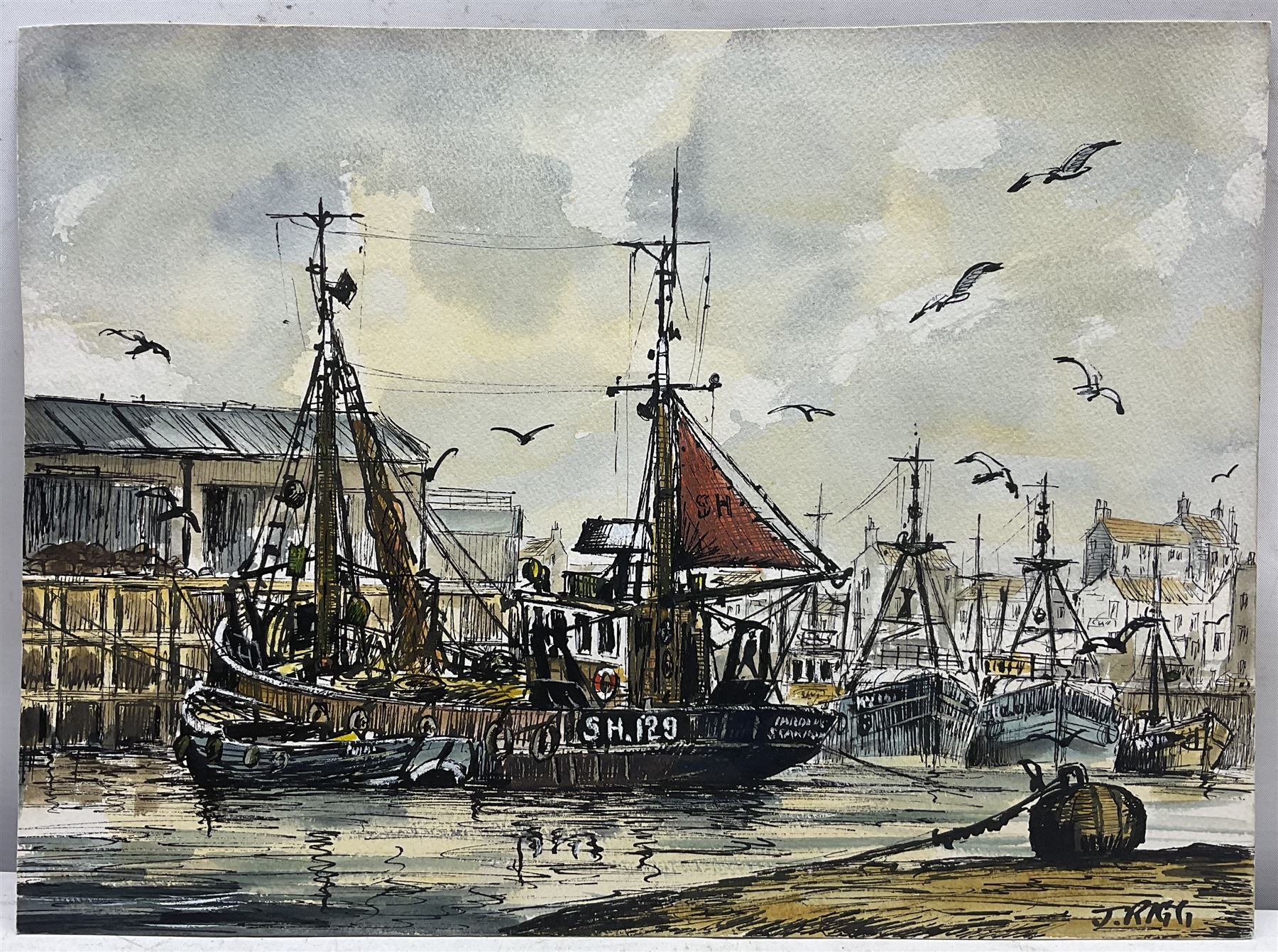 Jack Rigg (British 1927-2023): Whitby Fishing Boat by Lighthouse and a Ship Moored in Whitby Harbour, pair watercolours signed, dated verso 25cm x 34cm (2)