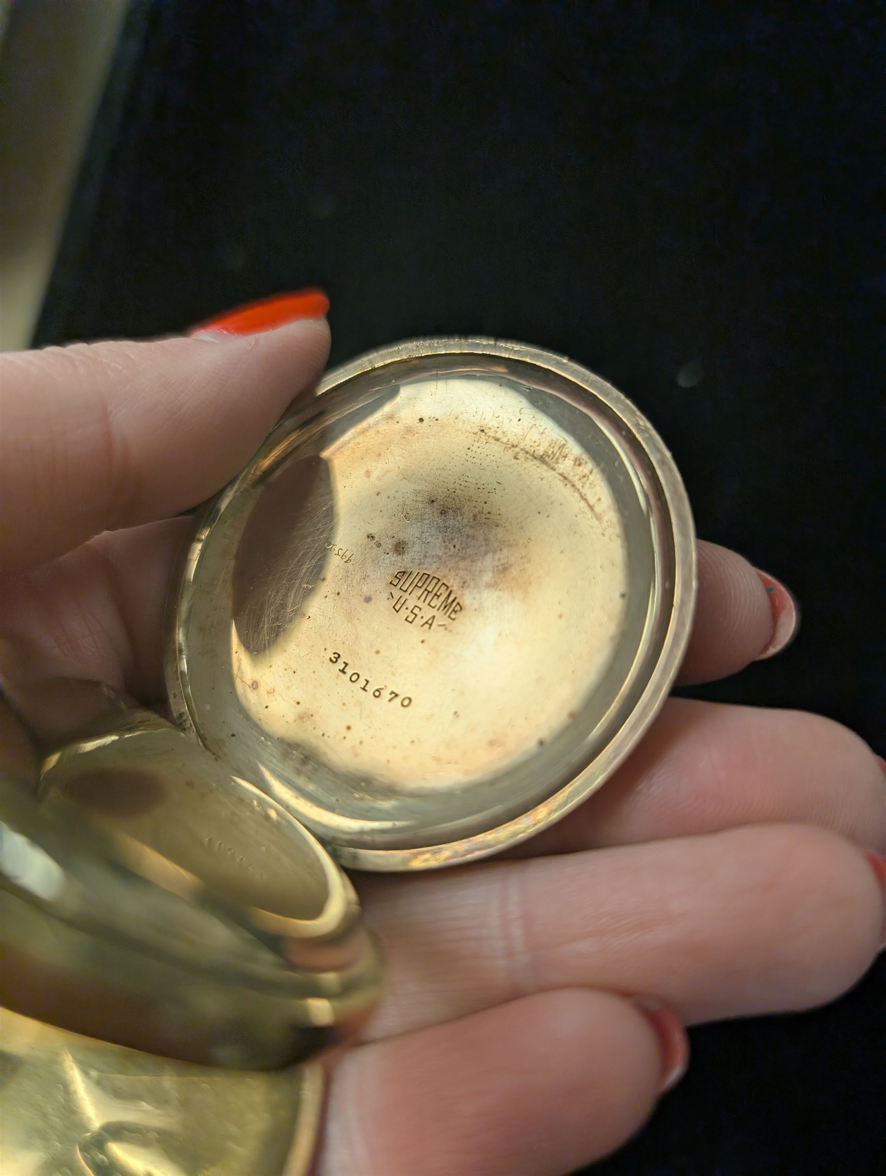 Waltham USA gold plated full hunter pocket watch, the white enamel dial with subsidiary seconds dial, the front cover engraved and embossed with blank cartouche in a floral border, the back cover engraved with stag