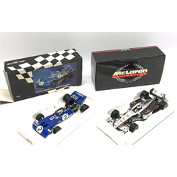 Paul's Model Art Minichamps - two 1:18 scale die-cast models of F1 racing cars comprising Tyrrell 003 1971 Jackie Stewart and McLaren Collection Mercedes MP4/13 M. Hakkinen, both boxed (2)