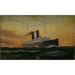J H (Early 20th century): 'SS Cameronia' & 'SS Caledonia' - Steam Ship Portraits, pair oils on board, signed with initials titled and dated 1913 verso 14cm x 23cm (2)
Notes: The CAMERONIA was a Passenger/Cargo Vessel of 10,963 tons built in 1911 by D & W Henderson Ltd Glasgow, Yard No 472 for the Anchor Line, Glasgow. Her Maiden voyage was from Glasgow to Moville and New York on 13th September 1911. She acted as troopship from 1917. On the 15th April 1917 she was torpedoed and sank in 40 minutes when about 150 miles E of Malta. Around 200 lives lost out of approximately 2,700. The CALEDONIA also built by D. & W. Henderson & Co. Ltd., Glasgow in 1904 and owned at the time of her loss by Anchor Line (Henderson Bros.). Requisitioned by the British Government upon the outbreak of war in 1914, met her fate in the Mediterranean on December 5th, 1916. When 125 miles E. of Malta she encountered the German submarine U-65, which torpedoed her without warning. The captain, Capt. James Blaikie, attempted to sink the submarine by ramming and actually succeeded in striking her. Capt. Blaikie was taken prisoner by the Germans 