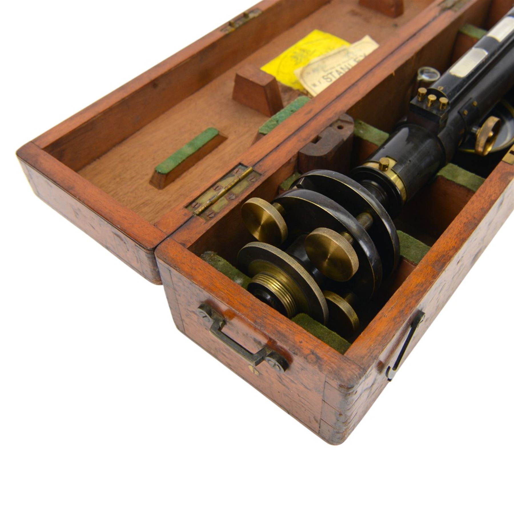 Late 19th century Surveyors level by Stanley, Gt Turnstile, Holborn, London, No.951 with lacquered oxidised brass finish in original box and with stand