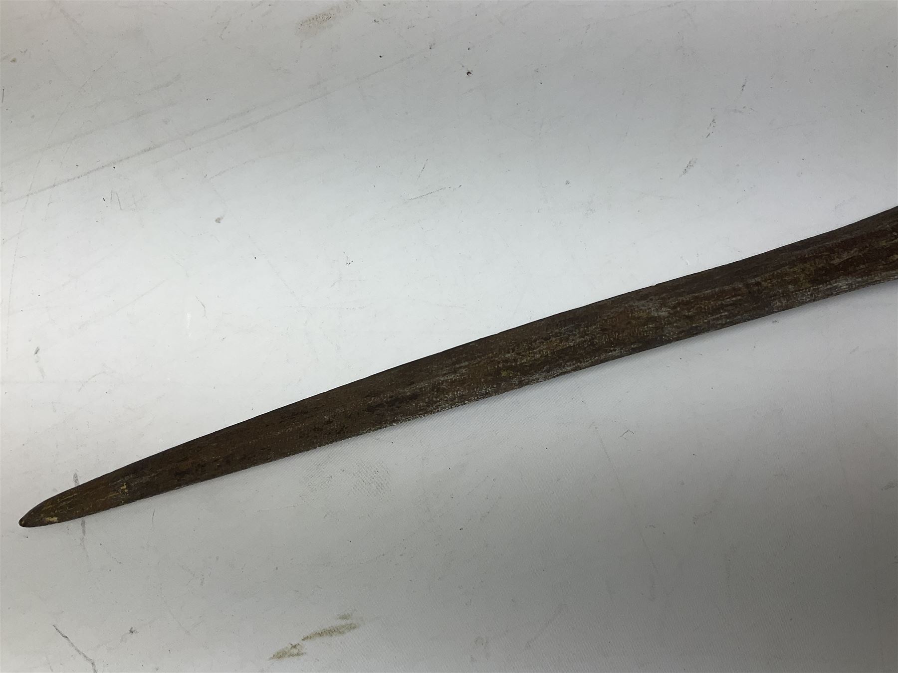 Malayan Kris dagger, the 31.5cm double edged straight heavy damascus blade with copper ferrule; carved hardwood grip; in large wooden throated scabbard with floral decorated white metal covering L47.5cm overall; a kris blade with adapted antler grip; and five various small daggers/letter openers (7)