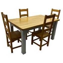 Oak dining table, rectangular top with rounded corners on painted base, square supports with stop-chamfered edges; together with a set of four oak dining chairs 