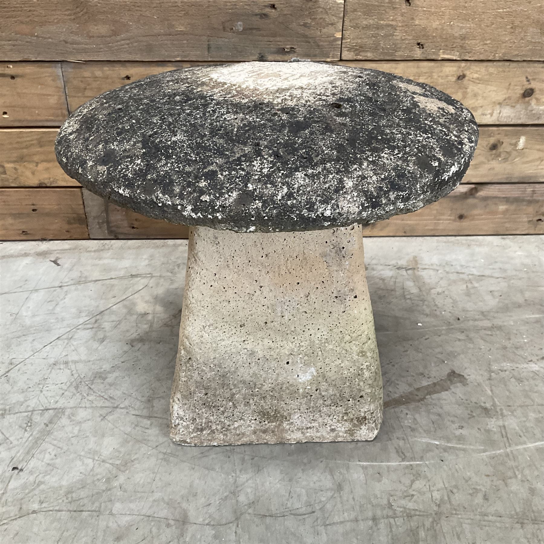 Small weathered cast stone staddle mushroom