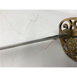 Victorian Senior NCO government issue dress sword, with slightly curving plain 82cm single fullered steel blade, triple bar hilt and wire-bound fish skin grip, in leather scabbard L100cm overall
