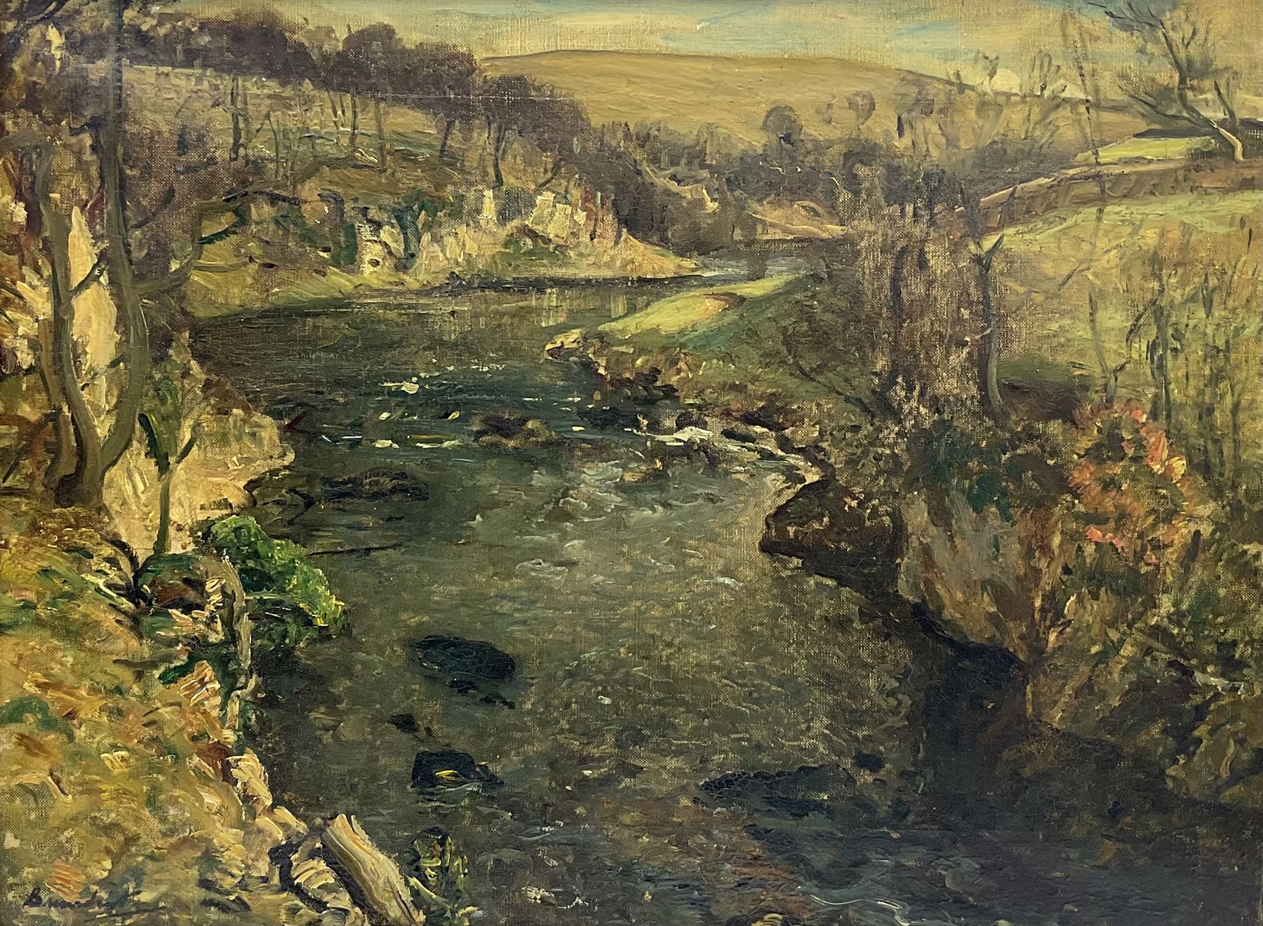 Reginald Grange Brundrit RA ROI (British 1883-1960): The River Wharfe at Loup Scar near Grassington, oil on canvas signed c.1924, 45cm x 60cm
Provenance: en plein air preliminary study for a larger work dated 1924 hanging in the Cartwright Hall, Lister Park, Bradford