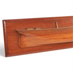 20th century mahogany and pine half-block hull model of a two masted ship, H28cm, W110cm
