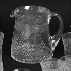 Suite of early 20th century cut and etched table glass comprising nine tumblers, ten smaller tumblers, eleven small wine glasses, six sherry glasses and water jug together with four other sherry glasses