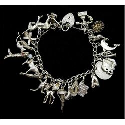 Silver curb link bracelet, with silver charms including donkey, field mouse, articulated fish, dog, kangaroo and hedgehog