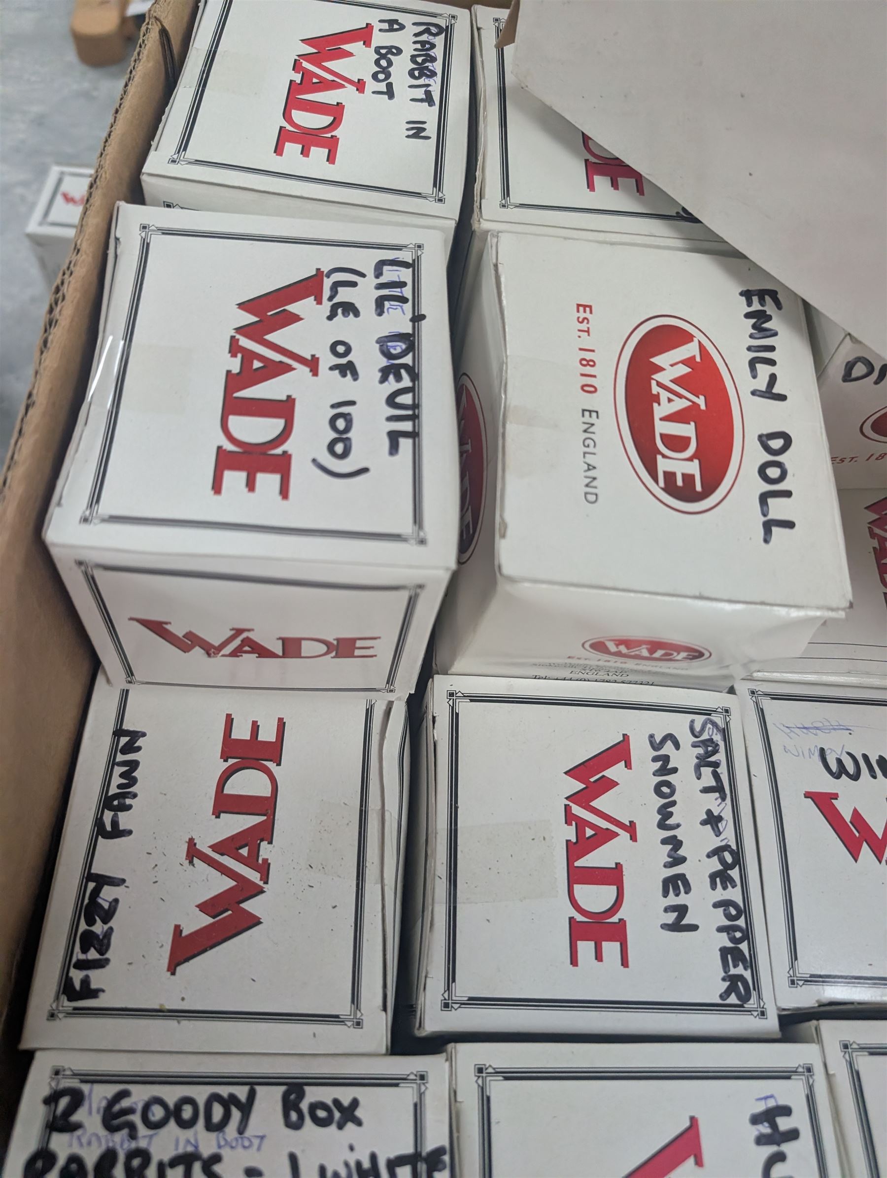 Collection of boxed Wade figures, including Lil Devil, Emily Doll, Wimpy, Huntsman Fox, etc