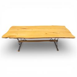 Paul Hodgkiss Designs of Glasgow - contemporary shaped elm dining table with wrought iron base; with set ten (8+2) matching high-back dining chairs, table of organic form above an elaborate wrought iron supports, with central elm stretcher, the chairs with en suite with matching wrought iron work burred elm headrest, purple velour upholstery with drop in seat     

Table: W 102cm, L 243cm, H 74cm
Chairs: W 56cm, D 52cm, H 130cm