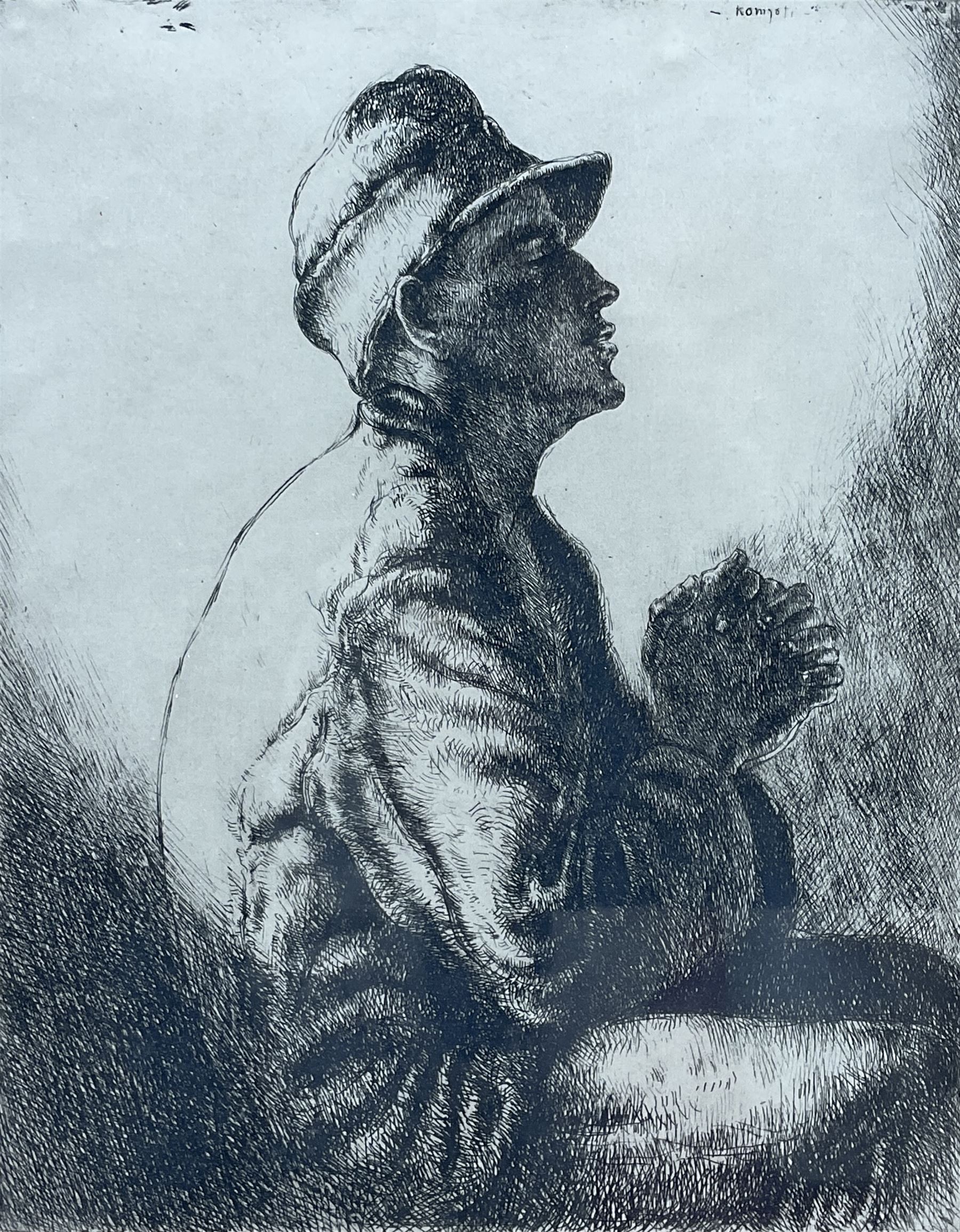 George Percival Gaskell (British 1868-1934): Neuschwanstein Castle Germany, etching signed in pencil together with Julius Komjati (Hungarian 1894-1958): Prisoner in Prayer, etching signed in pencil max 23cm x 25cm (2)