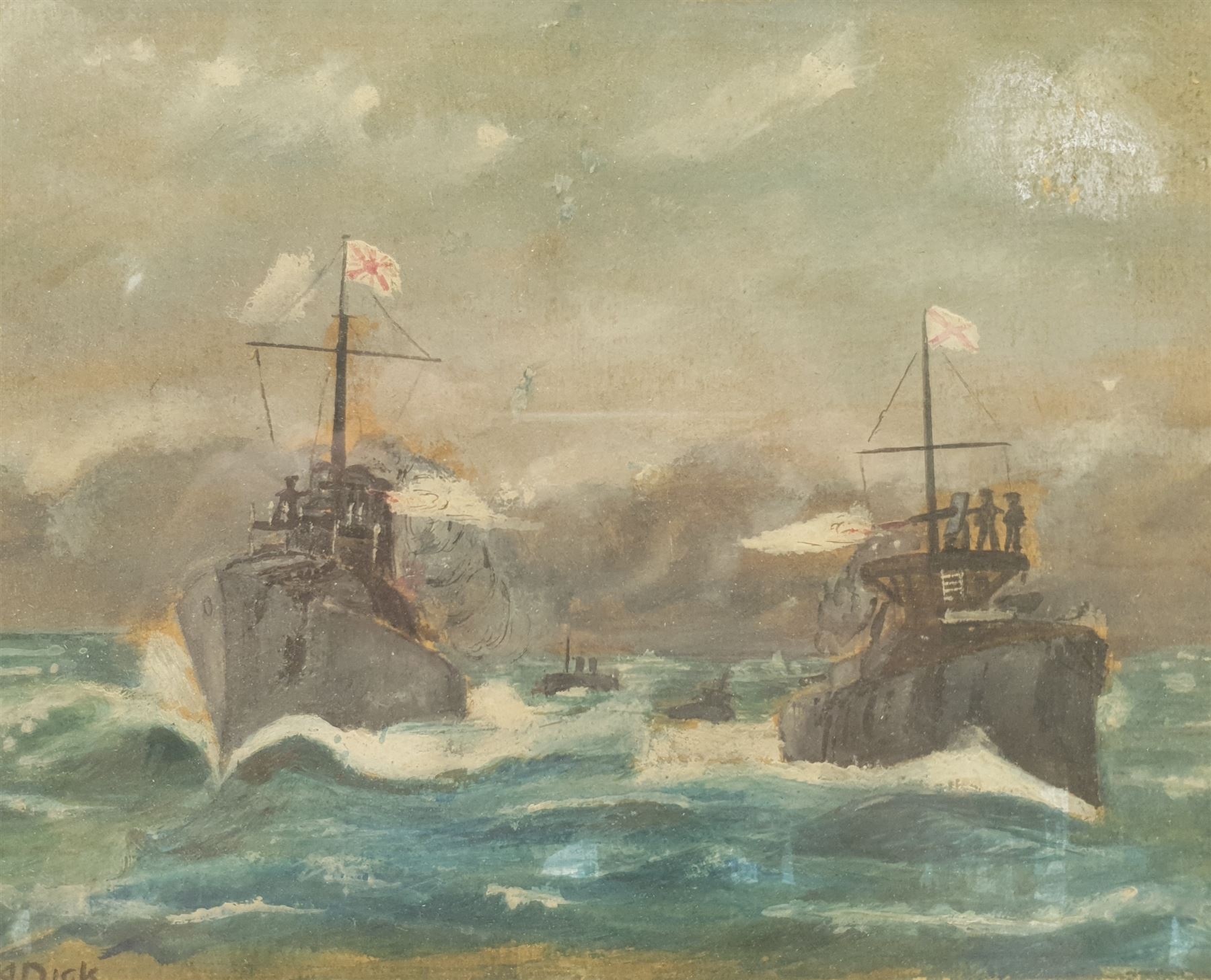 K Dick (British 19th/20th century): 'The Battle of Tsushima' 27th May 1905, scene from the Russo-Japanese War, watercolour signed, biographical information verso 18cm x 22cm