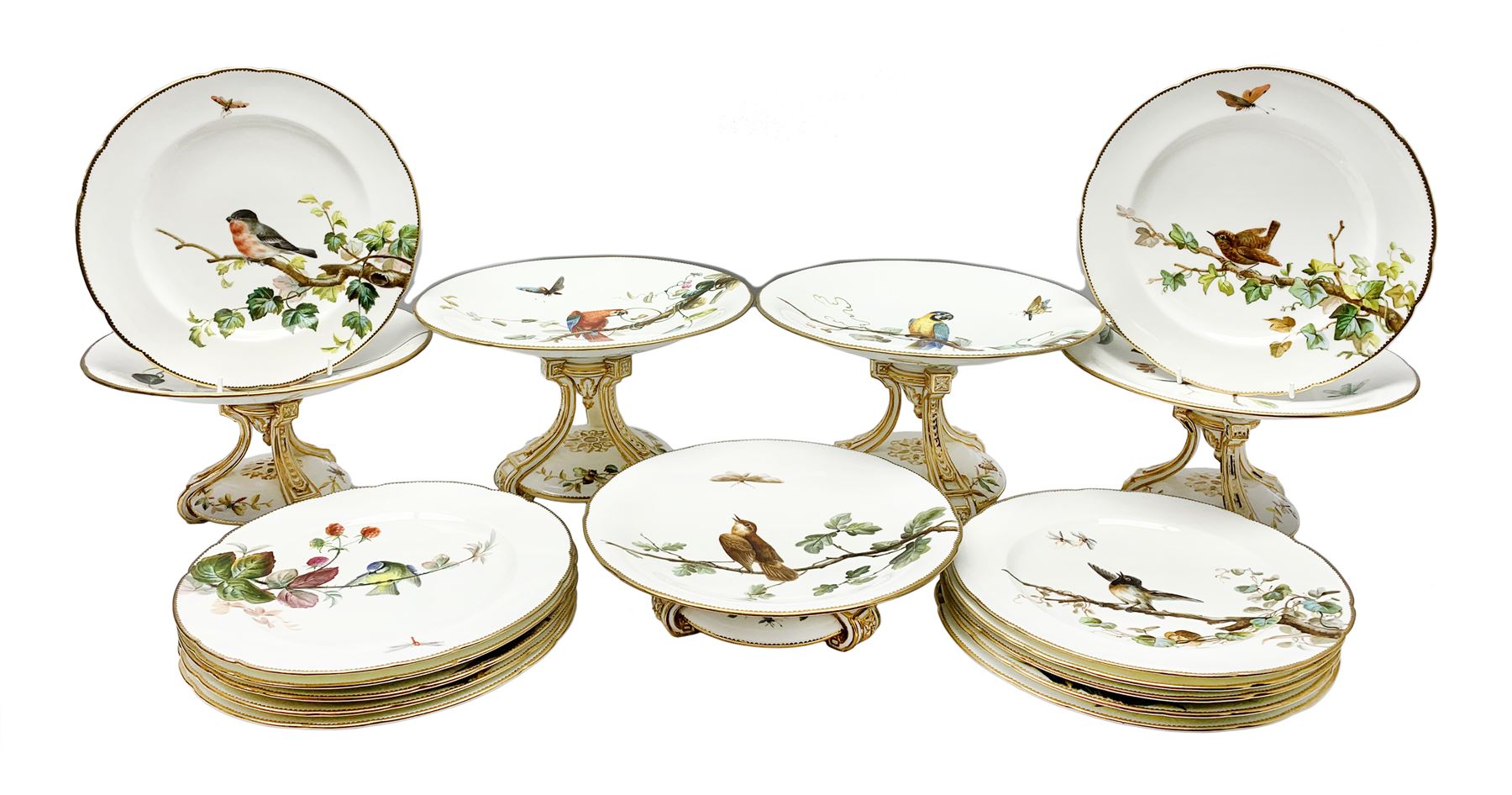 19th century Minton dessert service, comprising four comports, one tazza, and twelve plates, each hand painted with birds perched upon branches, and further detailed with insects and heightened in gilt, with printed retailers mark beneath for John Mortlock Oxford Street London, and impressed Minton mark to most, comport H13.5cm, plates D23.5cm. 

