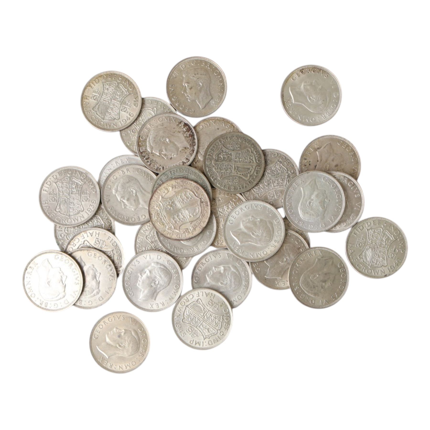 Thirty-two King George V and King George VI silver half crown coins, many lustrous and uncirculated