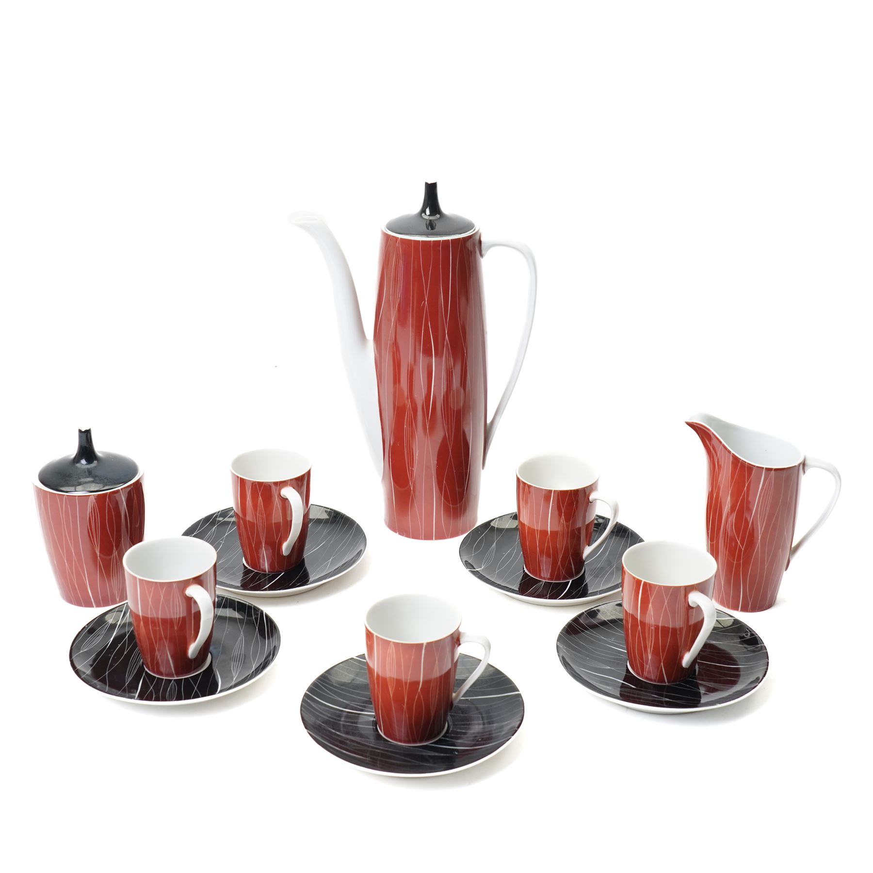 Polish 'Goplana' pattern mid-century coffee set, designed by Wincenty Potacki for Ćmielów, comprising coffee pot, creamer, sugar bowl, and five cups and saucers