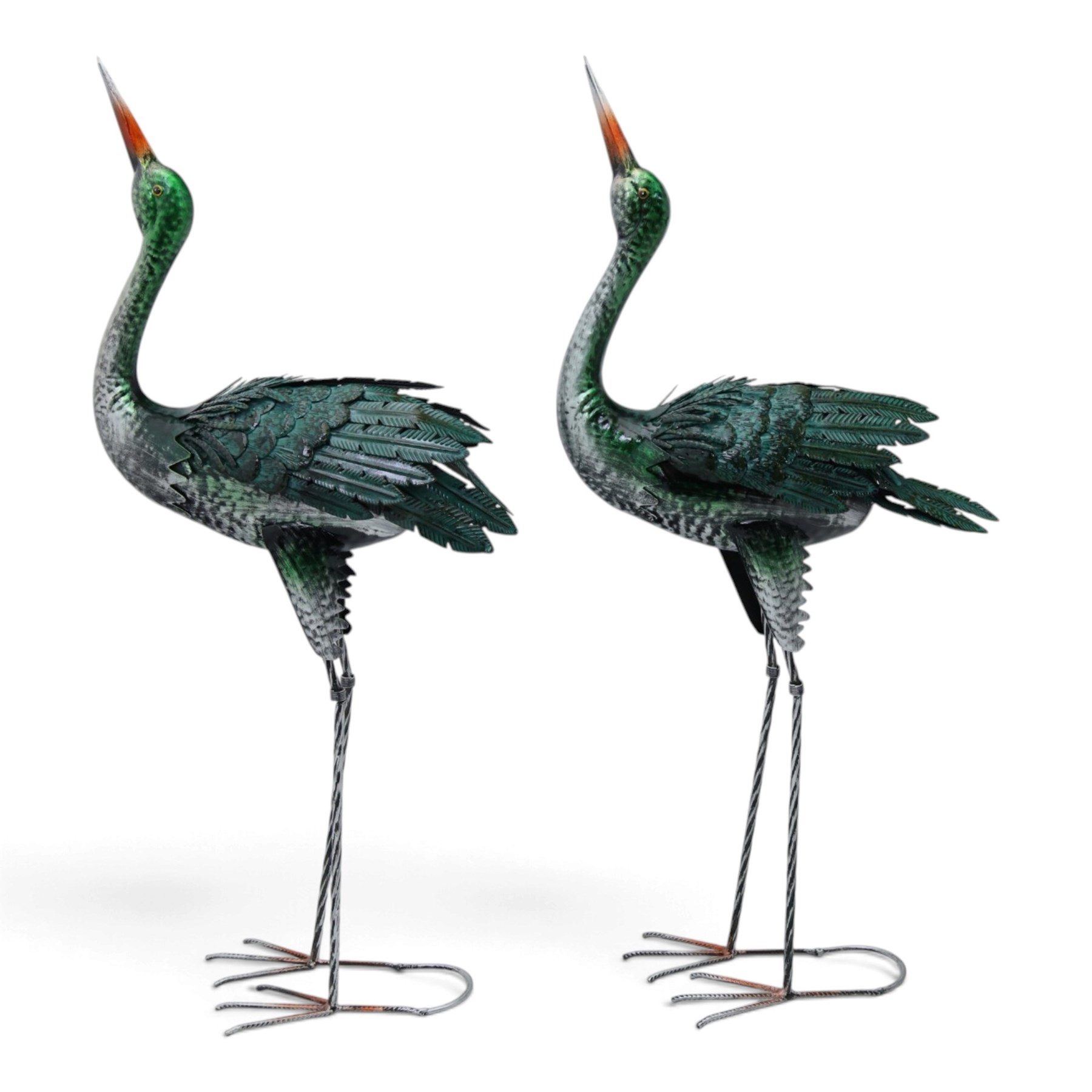Pair of metal herons, in green and silver tones, with heads raised, H94cm