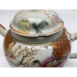 Two late 18th/early 19th century Chinese export teapots, the largest example of globular form with curved handle and straight spout, decorated in the Mandarin style with figural scenes surrounded by red scale reserves, H13.5cm, the second smaller example decorated in underglaze blue with two musicians in a landscape set with willow tree and fence, H10.5cm

