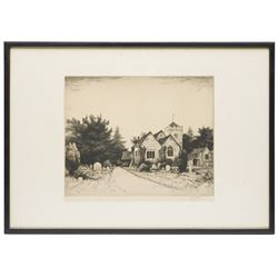 William Renison (Scottish 1893-1938): House of Saint Veronica - Via Dolorosa Jerusalem and French Town Centre; Frank Harding (British fl.1885-1890): 'Christchurch Priory'; John Fullwood (British 1851-1931): Churchyard, and Georges Huardel-Bly (French 1872-?): The Old Curiosity Shop, five monochrome etchings signed in pencil max 44cm x 30cm (5)