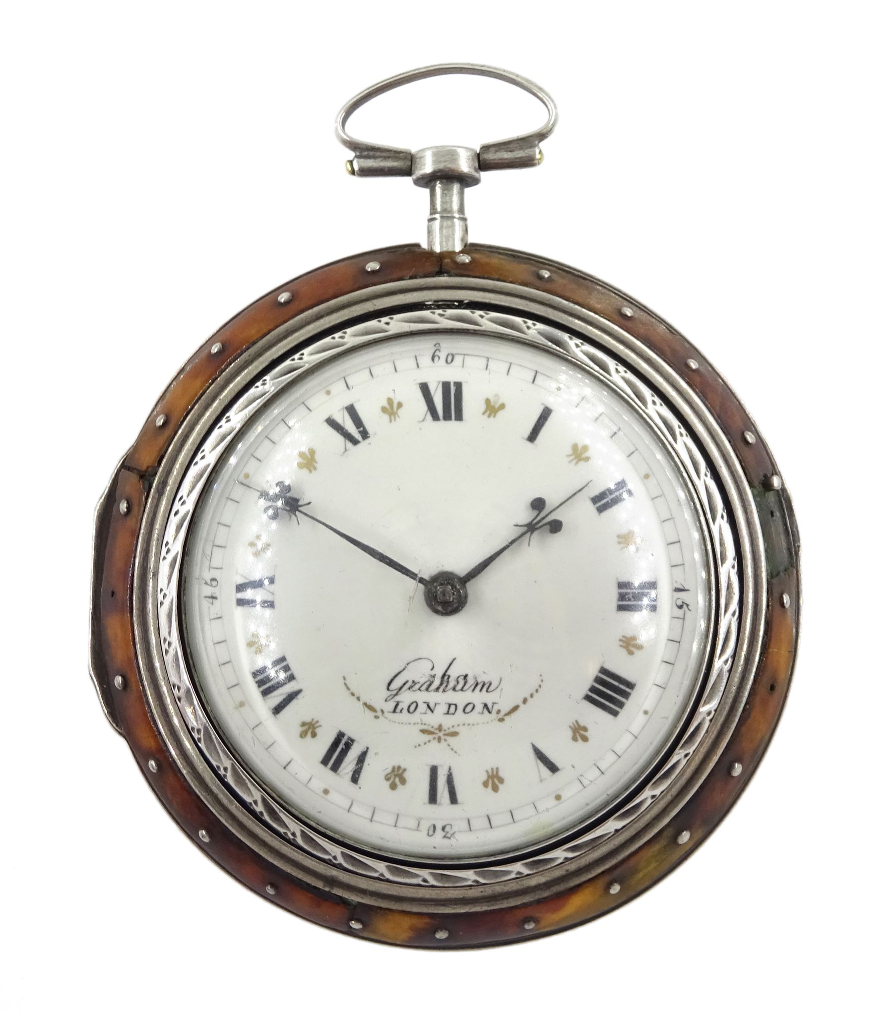 18th century silver and tortoiseshell quadruple cased verge fusee pocket watch by Graham, London, square baluster pillars, pierced and engraved balance cock, signed white enamel dial with Roman numerals and Fleur de Lys decoration, tortoiseshell third outer case with pique work to the borders, in a fitted later white metal fourth case