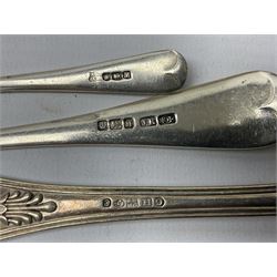 Edwardian silver dessert fork, and silver dessert spoon, hallmarked Sheffield 1905, and 1908, together with a mid 20th century coffee spoon, hallmarked Sheffield 1954, and a silver plated Kings pattern table spoon, approximate total silver weight 108 grams