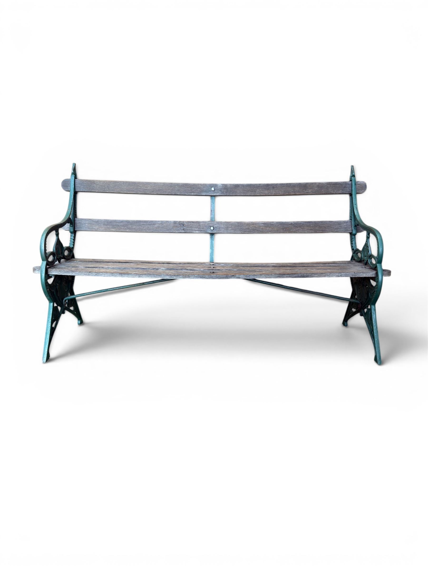 Coalbrookdale - Lily Pad design cast iron an wood slatted garden bench, late 19th century Aesthetic Movement, no. 217569, painted in green with iron centre support and seat stretcher, hardwood slatted