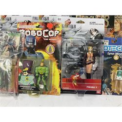 Twenty-three carded action figures including Fantasy VIII (6), Hercules (3), MIB (2), Robocop (2), The Golden Compass, The Incredibles (3), Wallace & Gromit (3), Robotech (2) and GI Joe; all in unopened blister packs (23)