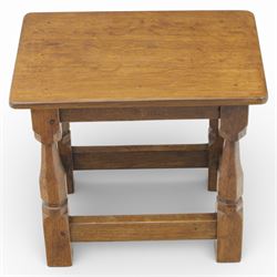 Sid Pollard of Thirsk - oak joint stool, the rectangular top with rounded corners over turned block supports united by stretchers 