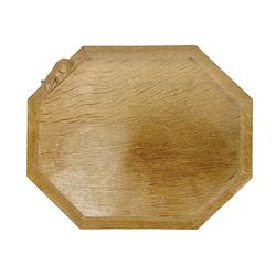 Mouseman - adzed oak chopping board, elongated octagonal form, moulded edge carved with mouse signature, by the workshop of Robert Thompson, Kilburn