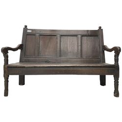 18th century oak hall bench or settle, quadruple panelled back with moulded rails, over a solid seat, raised on front turned supports