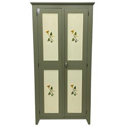 Laurel green and cream painted pine cupboard, enclosed by two panelled doors, fitted with three shelves