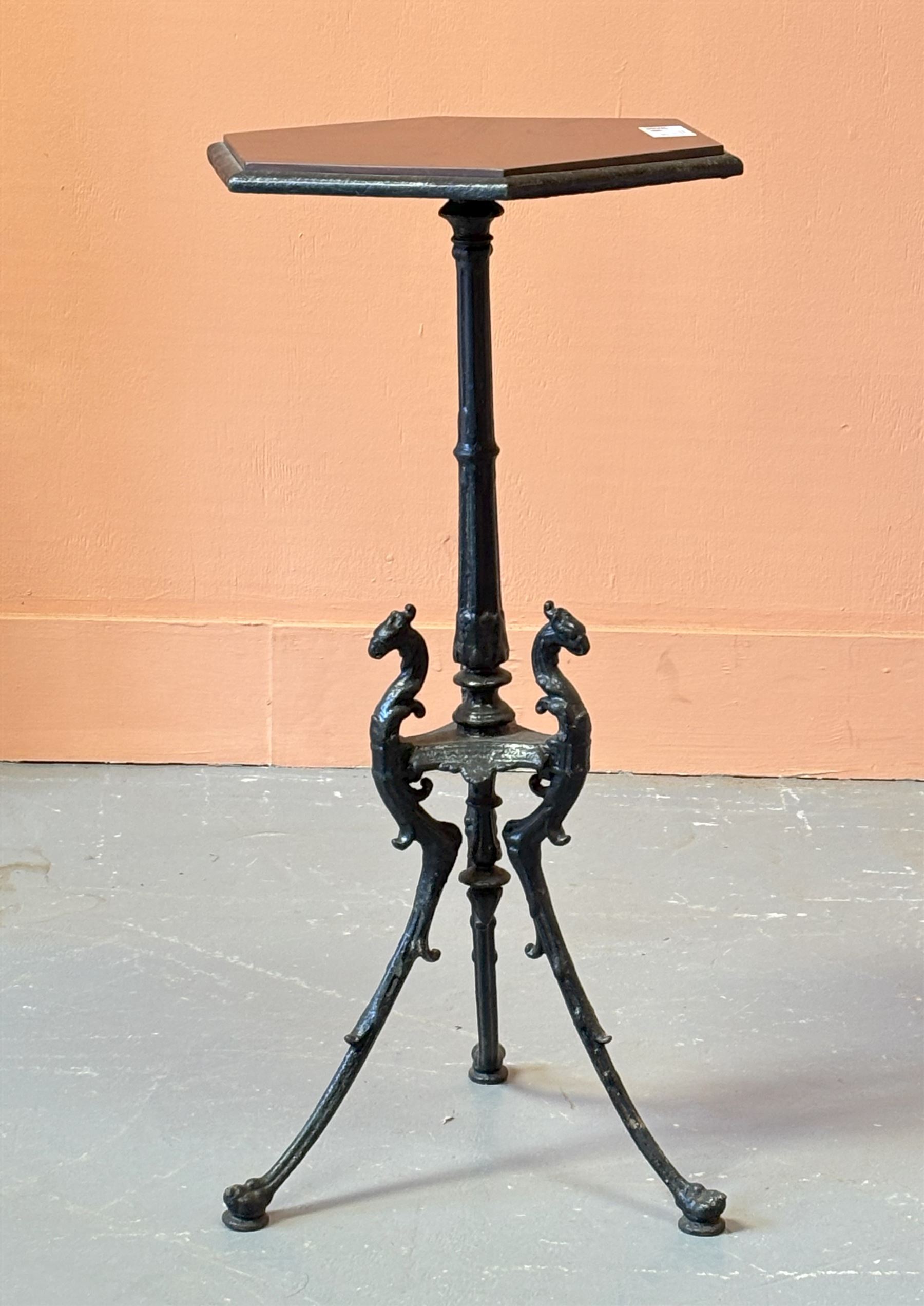 Victorian cast iron occasional table, the mahogany inset hexagonal top raised on a stop fluted and tapered column above three splayed griffin supports. H76cm, 35cm x 40cm.  - COLLECTION BY APPOINTMENT FROM: The White House, Thirsk Road, Easingwold, York, YO61 3NF - CALL 01723 507111 TO ARRANGE