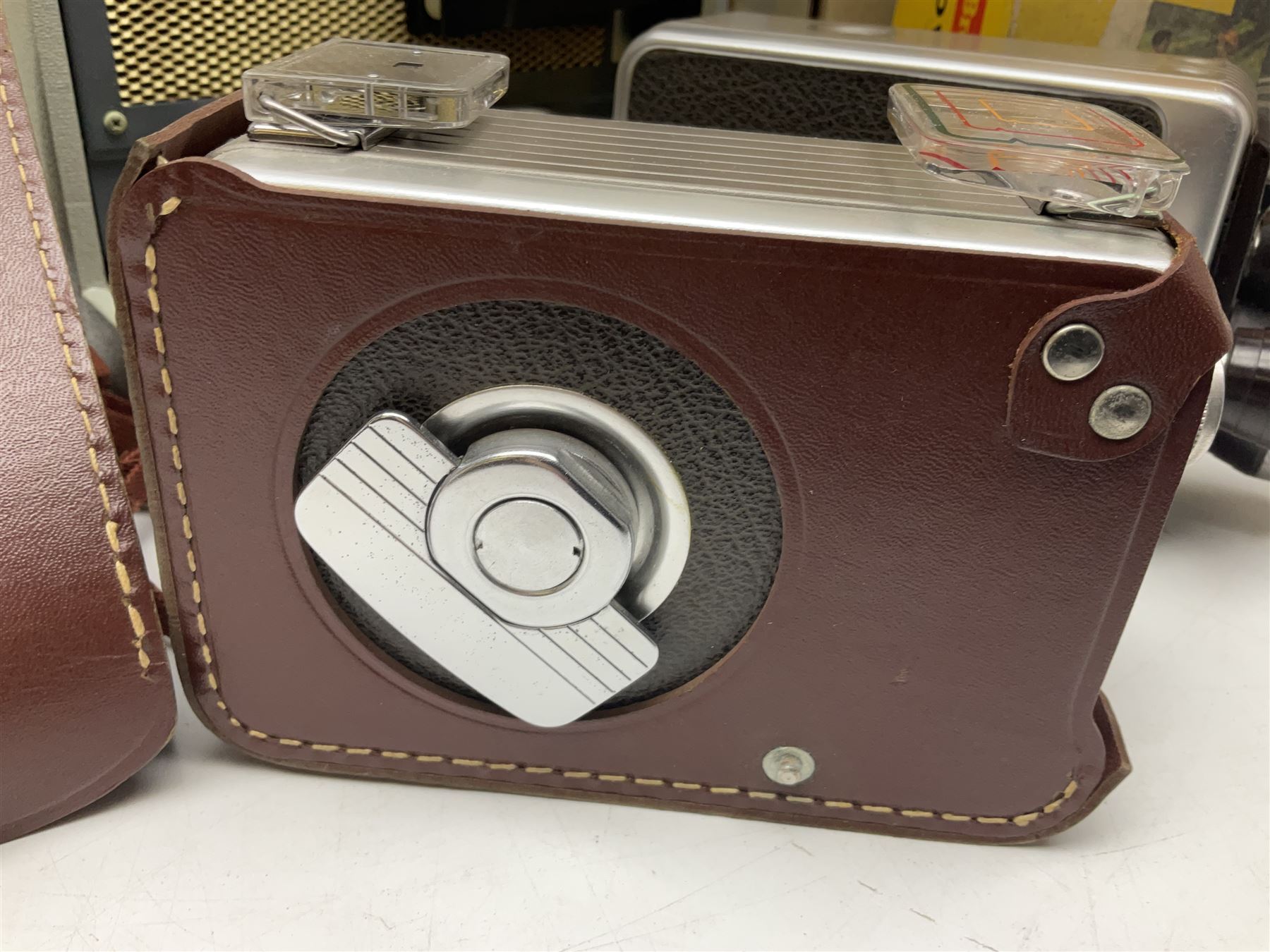 Bolex Paillard P3 Zoom Reflex camera body, serial no 38090, with 'B te S.G.D.G Som Berthiot Pan-Cinor 1:1.9 f=8a 40' lens, serial no. 40251438 in case, Kodak Brownie movie camera, Kodak model 2 Brownie movie camera and a Kodak 8 Movie Projector A-15G and other camera equipment 