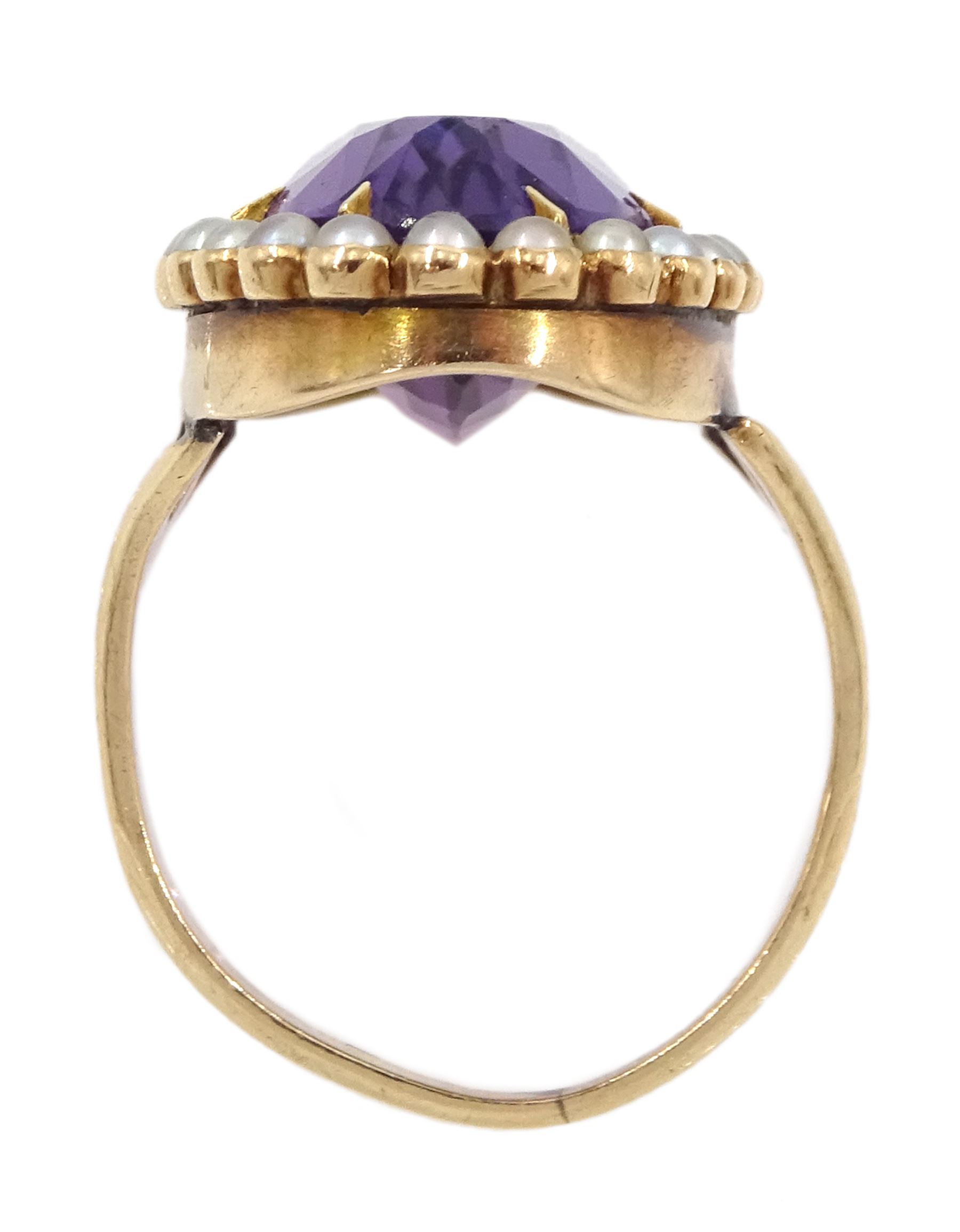 Victorian 9ct gold oval amethyst and seed pearl cluster ring, boxed