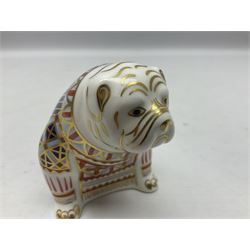 Three Royal Crown Derby paperweights, comprising Bulldog with gold stopper and original box, Beaver with gold stopper and original box and Frog with gold stopper, all with printed mark beneath 
