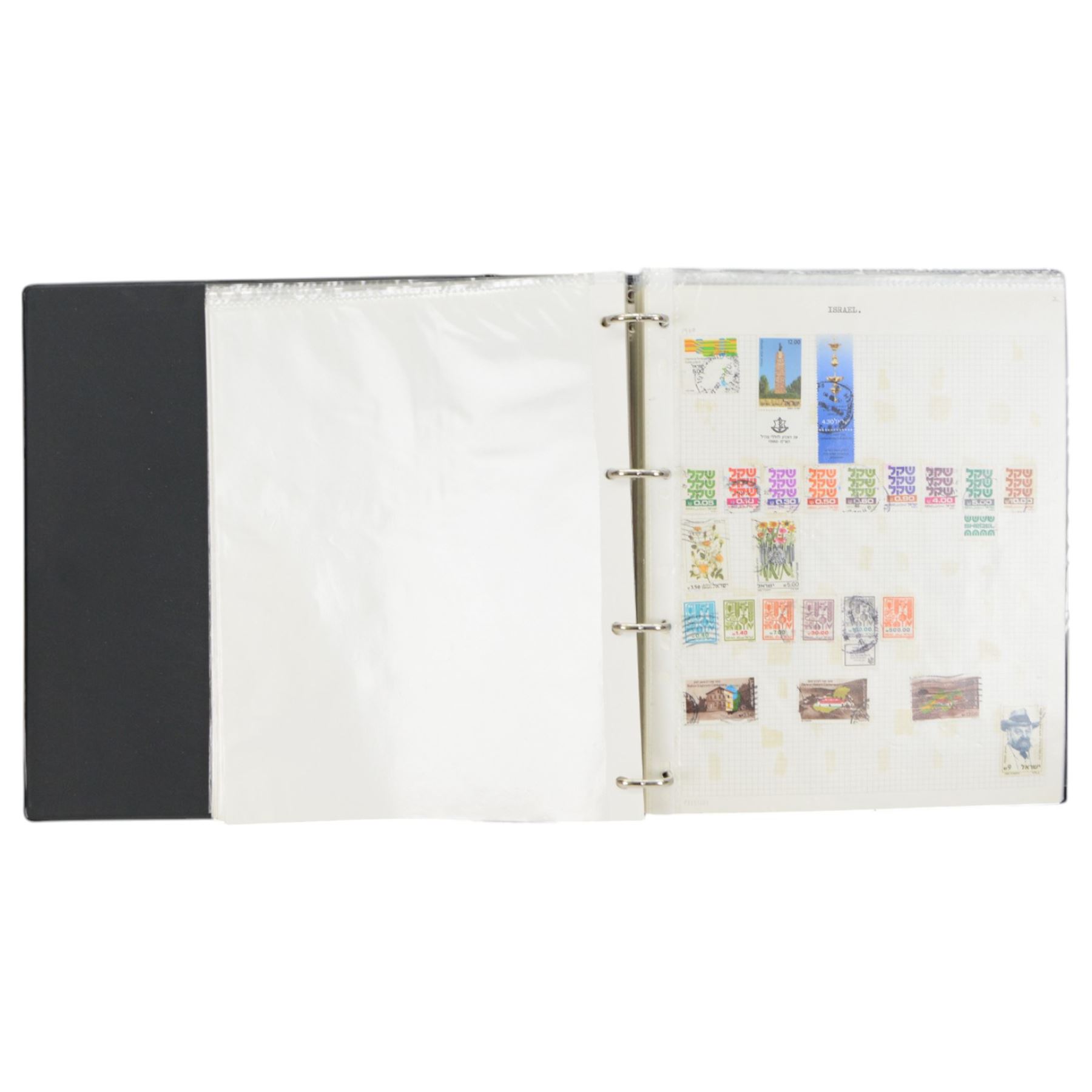 World stamps including Aden, Brunei, Rwanda, Spain, Ireland, Italy, Japan, Hungary, Germany, France, Portugal, Namibia, Netherlands, New Zealand, St Lucia, Malaysia etc, housed in ten ring binder folders
