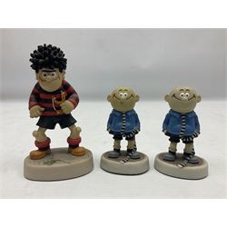 Eleven Robert Harrop figures from the Beano Dandy collection, comprising One Man & His Dawg BDS08, Picnic Desperate Dan BDS04, Fatty BD07, Desperate Dan BD03, Roger the Dodger BD20, Dennis the Menace BD01, Beryl the Peril BD05, Minnie the Minx BD04, Surfing BP03, two Spotty BD16, together with a Genuine Beano Ware lidded box (12)