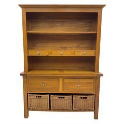 Manor Oak - light oak dresser and rack, fitted with two shelves with three drawers, two deep drawers and pot baked base with basket storage