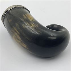 Edwardian Scottish silver mounted rams horn snuff mull, the curled horn with unmarked silver cover, inset with agate slice to centre and engraved James Caruthers, New Abbey 1906 to rim, H8.5cm