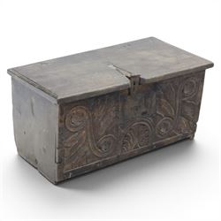 18th century small oak box with carved front, iron strap latch and hinges, fitted candlebox