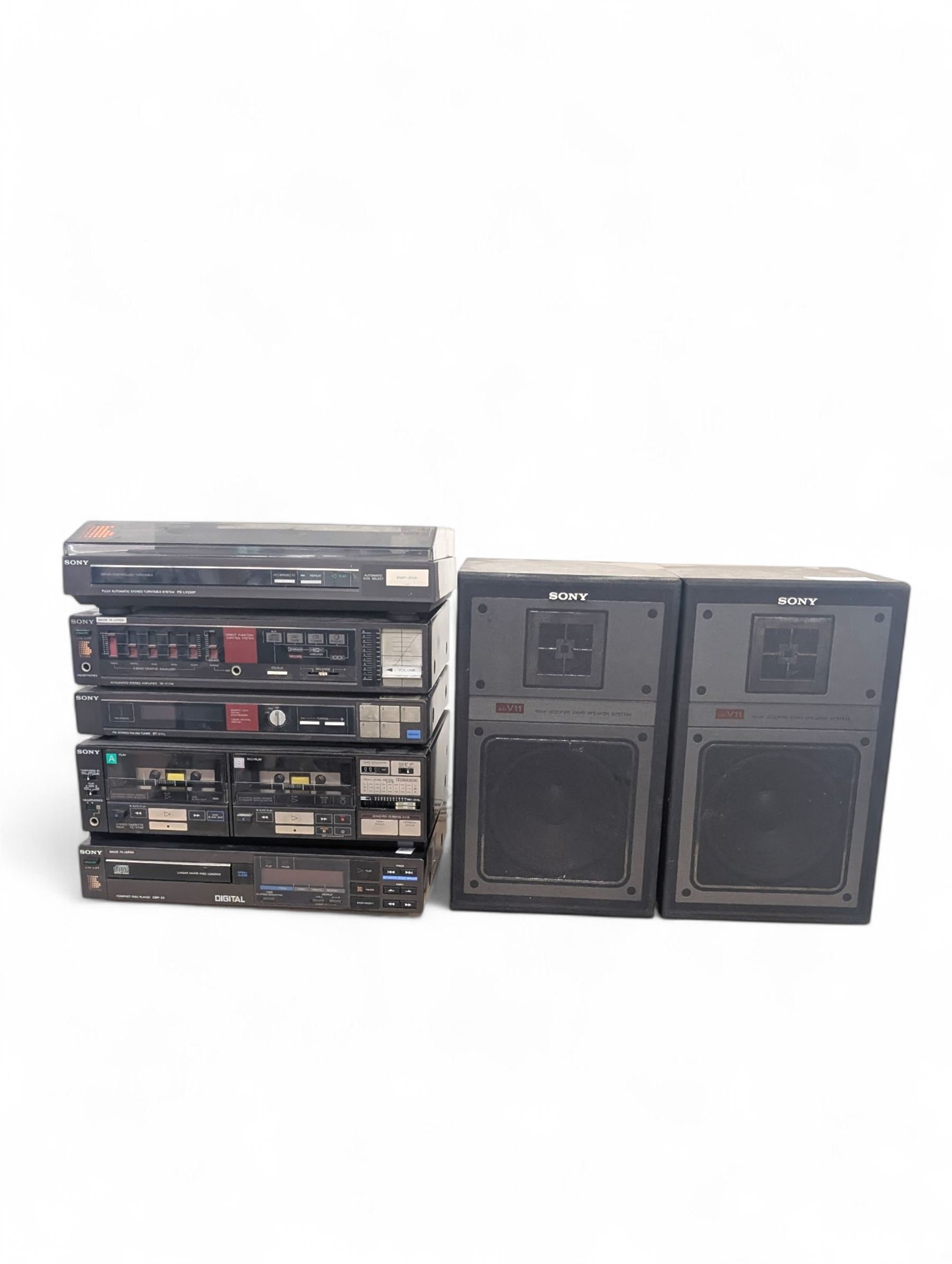 Sony HiFi system, comprising PS-LX330P Turntable, CDP-30 CD Player, TA-V11W Amplifier, ST-V11L FM-AM Tuner, TC-V11W Cassette Player and a pair of SS-V11 16cm 2Way Woofer Speakers