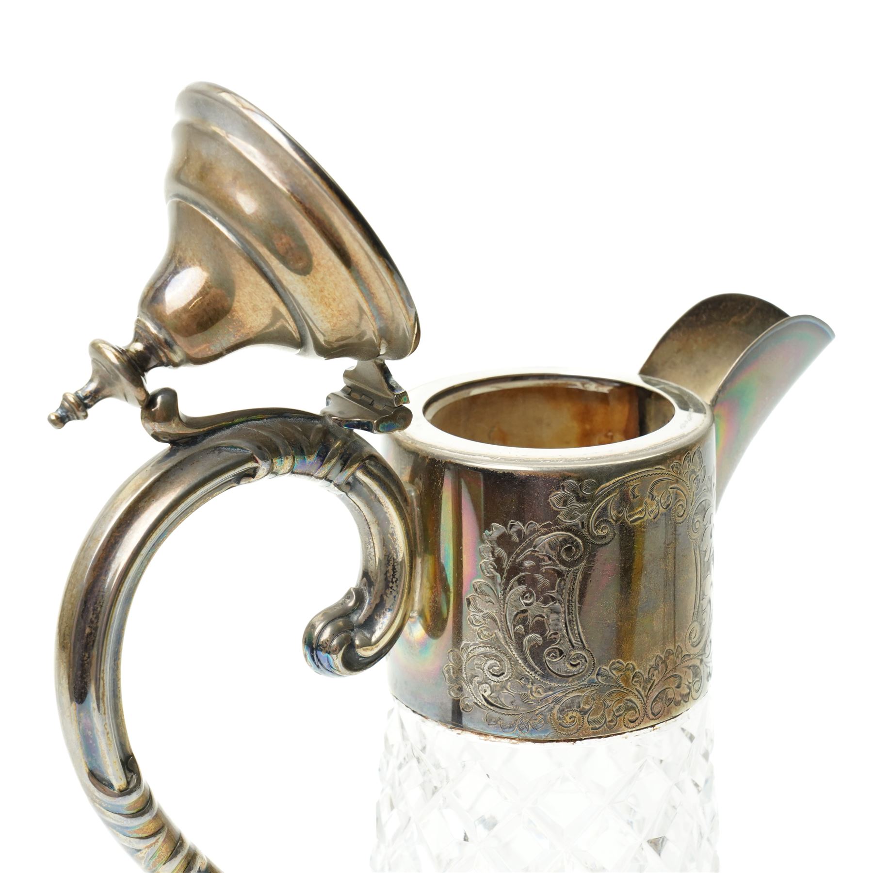 Pair of cut glass claret jugs with engraved silver mounts H32cm Birmingham 1971 Maker Charles s Green & Co Ltd