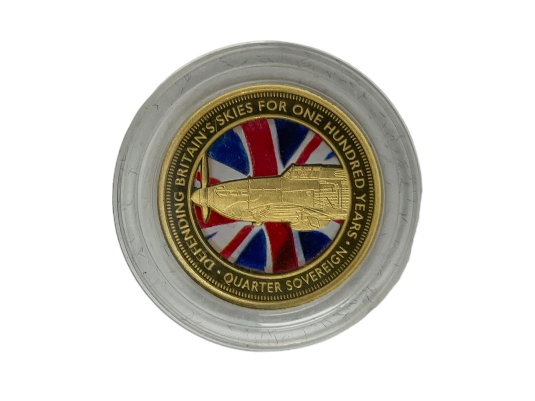 Queen Elizabeth II Tristan Da Cunha 2018 'Defending Britain's Skies for One Hundred Years' coloured gold quarter sovereign, housed in Hattons of London box