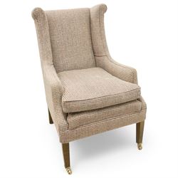 Whitehead designs - Edwardian design 'Tissington' wingback armchair on square tapering feet with castors, upholstered in pink tweed fabric