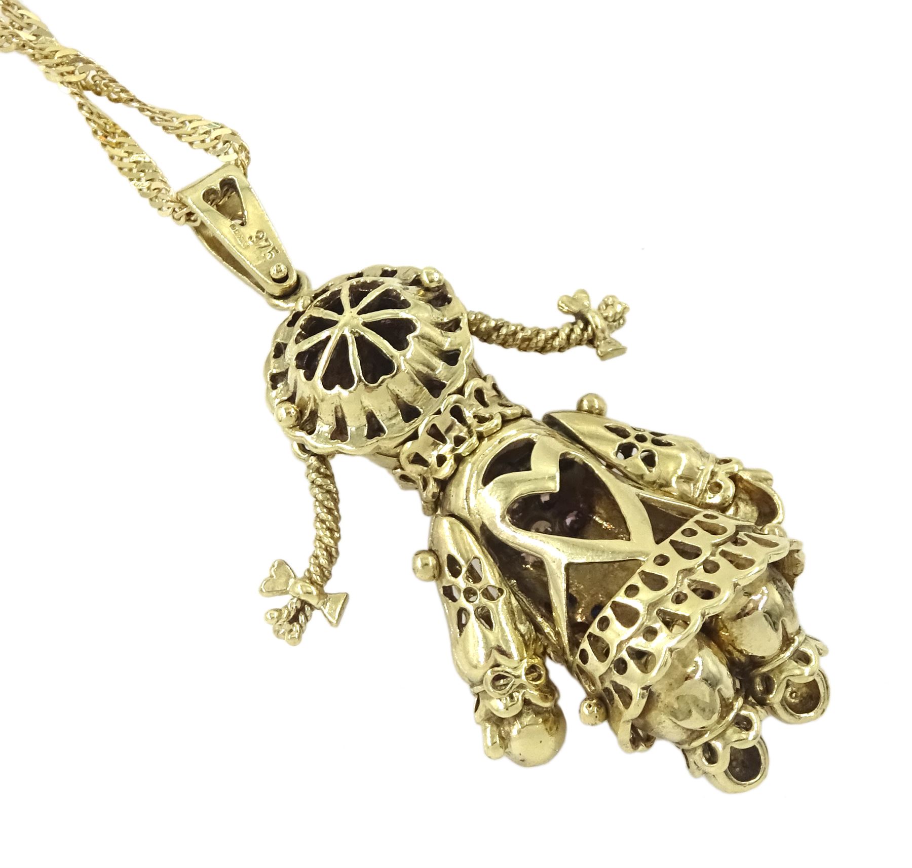 9ct gold stone set rag doll pendant necklace, hallmarked