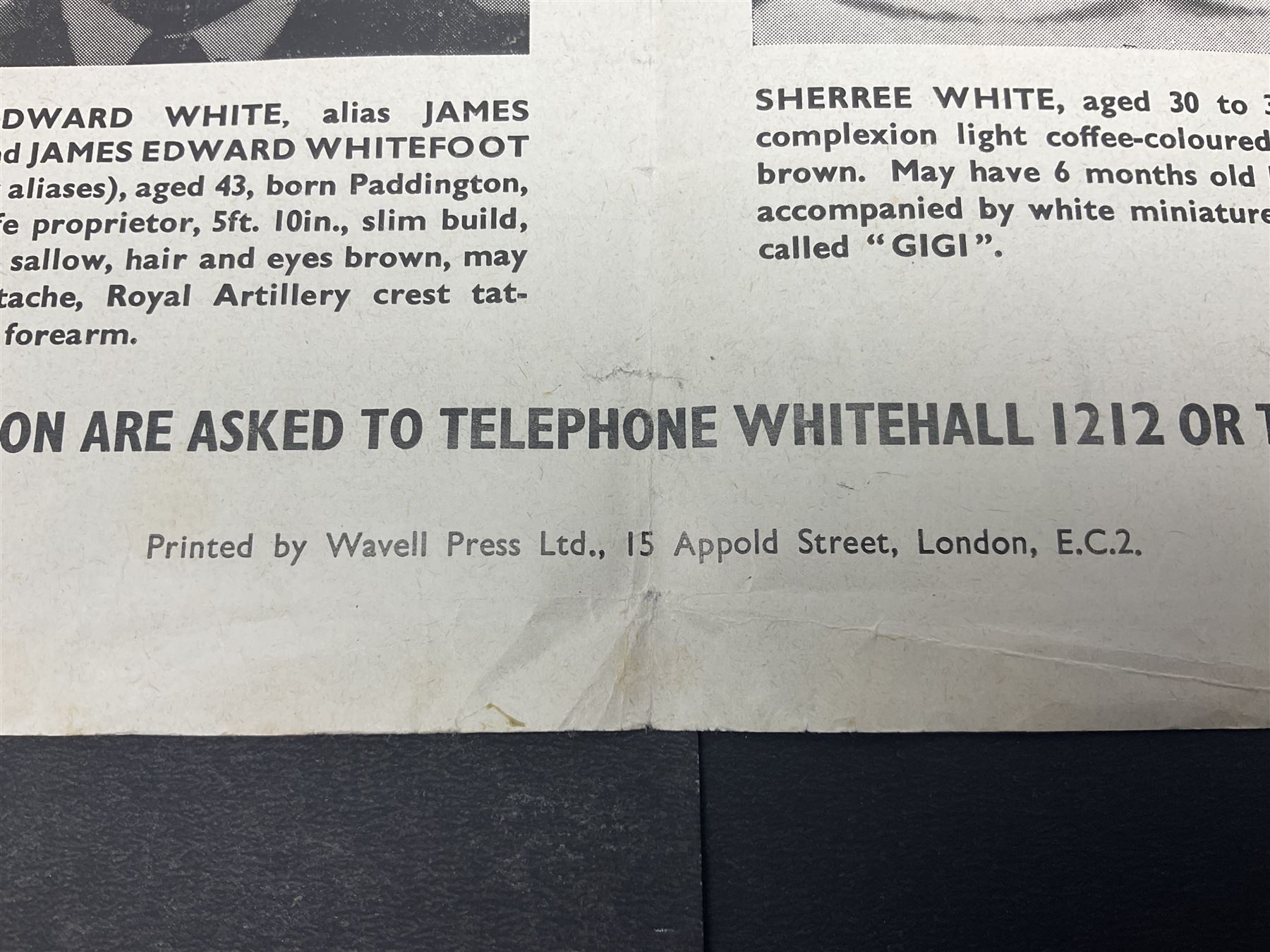 Great Train Robbery; Metropolitan Police printed poster, 'The Assistance of the public is sought to trace the whereabouts of the after described persons .....', printed by Wavell Press Ltd, 1963
Provenance by vendor repute: The poster was given to the vendor in 1985 by a colleague who was previously a detective sergeant of the Metropolitan Police, who had as a junior officer and worked on the case  of the Great Train Robbery. The hand written dates they were written on the poster when they were arrested   