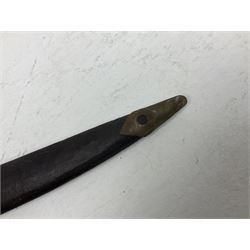 Late 19th/early 20th century Indian Tulwar sword with 81cm plain curving steel blade and iron hilt with extended langets, knucklebow and spiked pommel; in leather covered scabbard L100cm overall; and another Tulwar lacking scabbard in almost relic condition (2)