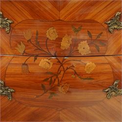 French Louis XV revival bombe commode, early 20th century, with variegated marble top above two drawers inlaid with floral marquetry, gilt metal rococo handles and mounts, kingwood and tulipwood veneers laid in chevron and quartered patterns, on cabriole supports with gilt sabots